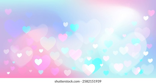 Abstract gradient dreamy background with bokeh hearts. Valentine's day, wedding.Horizontal banner with copy space.Vector illustration.