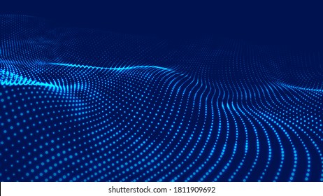 Abstract gradient dynamic wave of glowing particles. Network of neon dots. Big data. Digital background. Vector