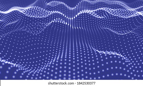 Abstract gradient dynamic wave of glowing particles. Network of neon dots. Big data. Digital background. Vector