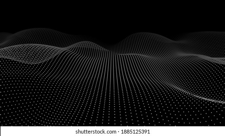 Abstract gradient dynamic wave of glowing particles. Network of neon dots. Big data. Digital background. Vector