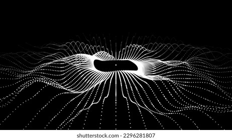 Abstract gradient dynamic wave of glowing particles. Network of neon dots. Big data. Digital background. Vector