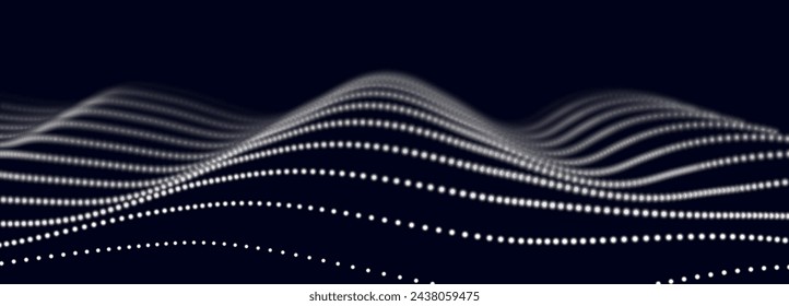 Abstract gradient dynamic wave of glowing particles. Network of neon dots. Big data. Digital background. Vector