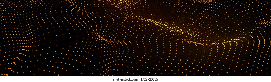 Abstract gradient dynamic wave of particles. Network of bright points or dots. Big data. Digital background. Vector