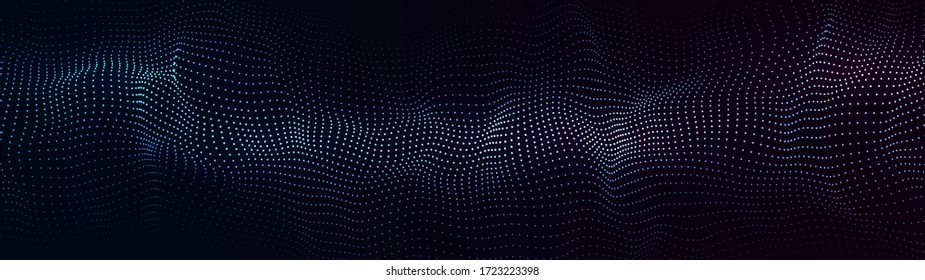 Abstract gradient dynamic wave of particles. Network of bright points or dots. Big data. Digital background. Vector