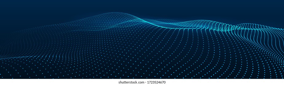 Abstract gradient dynamic wave of particles. Network of bright points or dots. Big data. Digital background. Vector