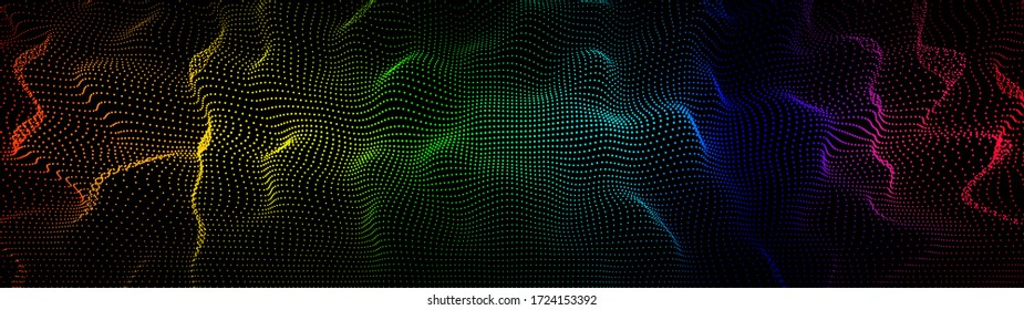 Abstract gradient dynamic wave of particles. Network of bright points or dots. Big data. Digital background. Vector