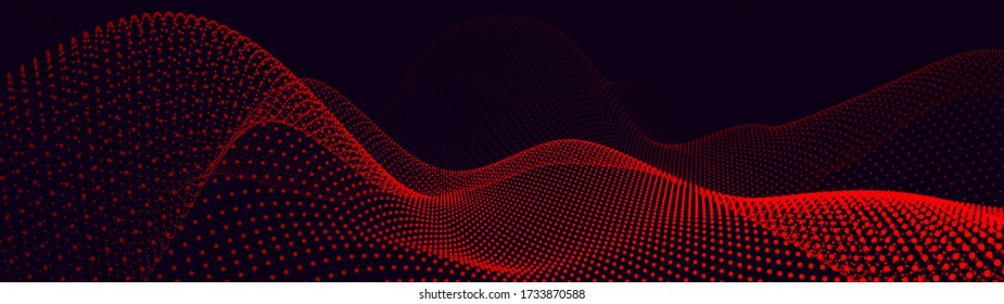 Abstract gradient dynamic wave of particles. Network of bright points or dots. Big data. Digital background. Vector