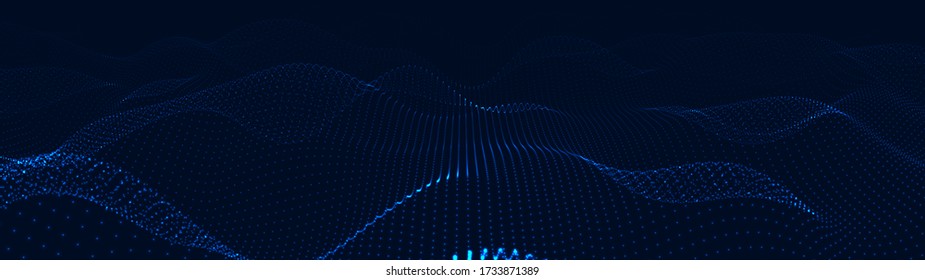 Abstract gradient dynamic wave of particles. Network of bright points or dots. Big data. Digital background. Vector