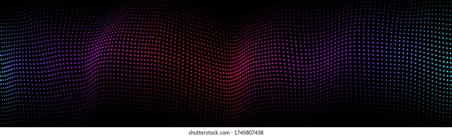 Abstract gradient dynamic wave of particles. Network of bright points or dots. Big data. Digital background. Vector