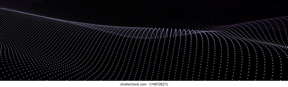 Abstract gradient dynamic wave of particles. Network of bright points or dots. Big data. Digital background. Vector