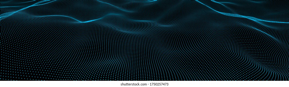 Abstract gradient dynamic wave of particles. Network of bright points or dots. Big data. Digital background. Vector