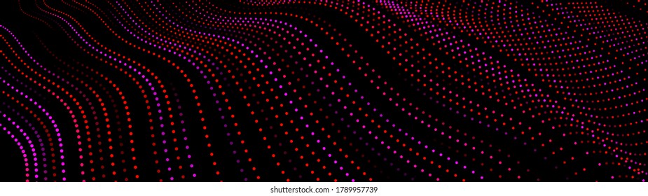 Abstract gradient dynamic wave of particles. Network of bright points or dots. Big data. Digital background. Vector
