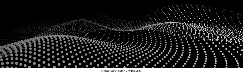 Abstract gradient dynamic wave of particles. Network of bright points or dots. Big data. Digital background. Vector