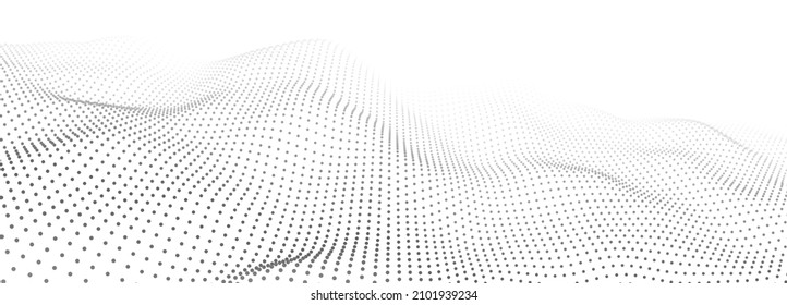 Abstract gradient dynamic wave of particles. White background. Network of bright points or dots. Big data. Digital background. Vector