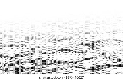 Abstract gradient dynamic wave of particles. Network of bright points or dots. Big data. Digital background. Vector dissolve halftone background