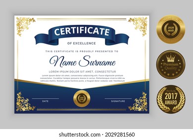 Abstract gradient floral decorative certificate of achievement design with three badge