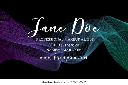 Abstract gradient flow business card. Black, turquoise, purple background, professional makeup artist template conceptual vector illustration.