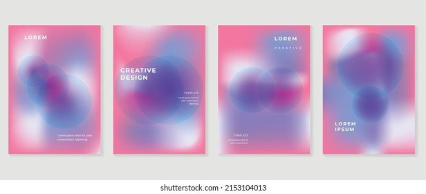 Abstract gradient fluid liquid cover template. Set of modern poster with vibrant graphic color, hologram, circle bubbles, star elements. Minimal style design for brochure, flyer, wallpaper, banner.