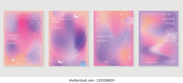 Abstract gradient fluid liquid cover template. Set of modern poster with vibrant graphic color, hologram, circle bubbles, star elements. Minimal style design for brochure, flyer, wallpaper, banner.