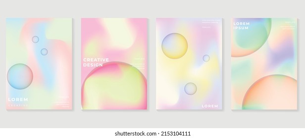 Abstract gradient fluid liquid cover template. Set of modern poster with vibrant graphic color, hologram, circle bubbles, star elements. Minimal style design for brochure, flyer, wallpaper, banner.