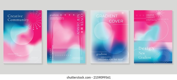 Plantilla de cubierta líquida gradiente abstracta. Juego de póster moderno con colores gráficos vibrantes, holograma, burbujas de círculo, elementos estrella. Diseño minimalista para folletos, volantes, papel pintado, banner.