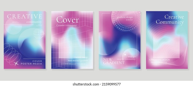 Abstract gradient fluid liquid cover template. Set of modern poster with vibrant graphic color, hologram, circle bubbles, star elements. Minimal style design for brochure, flyer, wallpaper, banner.