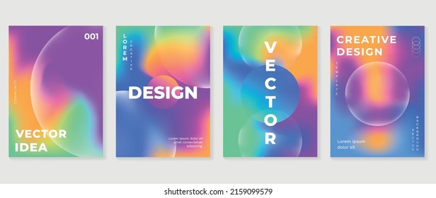 Abstract Gradient Fluid Liquid Cover Template. Set Of Modern Poster With Vibrant Graphic Color, Hologram, Circle Bubbles, Star Elements. Minimal Style Design For Brochure, Flyer, Wallpaper, Banner.