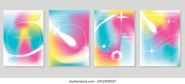 Abstract gradient fluid liquid cover template. Set of modern poster with vibrant graphic color, hologram, circle bubbles elements. Minimal style design for brochure, flyer, wallpaper, banner.