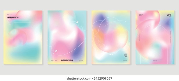 Abstract gradient fluid liquid cover template. Set of modern poster with vibrant graphic color, hologram, circle bubbles, star elements. Minimal style design for brochure, flyer, wallpaper, banner.