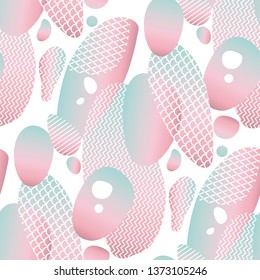 Abstract gradient fluid seamless pattern. Stylized liquid bubbles with zig zag lines. Flowing organic shapes and splashes. Blue and pink lava lamp texture. Geometric wallpaper, background design