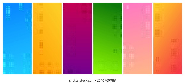 Fundo geométrico do gradiente abstrato com pontos. Conjunto de seis banners verticais multicoloridos. Cenários de apresentação abstratos brilhantes. Ilustração vetorial