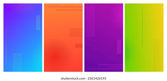 Abstract gradient geometric background with dots. Set of four multicolor vertical banners. Bright abstract presentation backdrops. Vector illustration