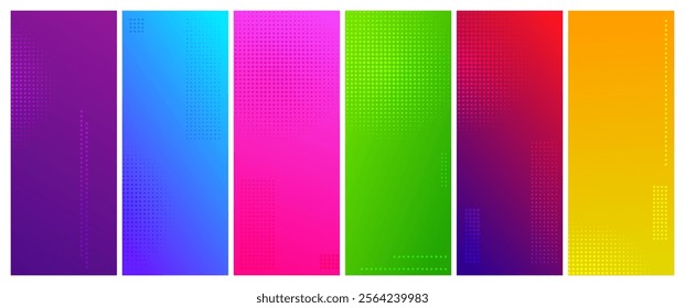 Abstract gradient geometric background with dots. Set of six multicolor vertical banners. Bright abstract presentation backdrops. Vector illustration