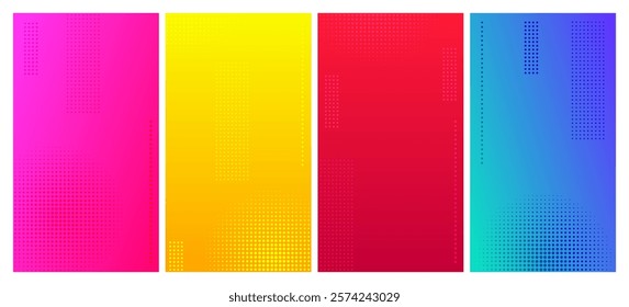 Abstract gradient geometric background with dots. Set of four multicolor vertical banners. Bright abstract presentation backdrops. Vector illustration