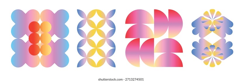 Abstract Gradient Geometric Compositions with Colorful Petal, Circle Cluster, Half Circle and Symmetric Shapes. Futuristic Mesh Design elements for Poster, Background or Digital Art layouts. Vector Illustration set.