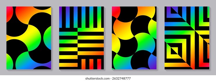 Abstract gradient geometric patterns on black background vector set for cover template. Music poster design. Trendy design for music festival, club, party, cards, flyer, social media, ads.