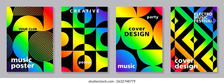 Abstract gradient geometric patterns on black background vector set for cover template. Music poster design. Trendy design for music festival, club, party, cards, flyer, social media, ads.