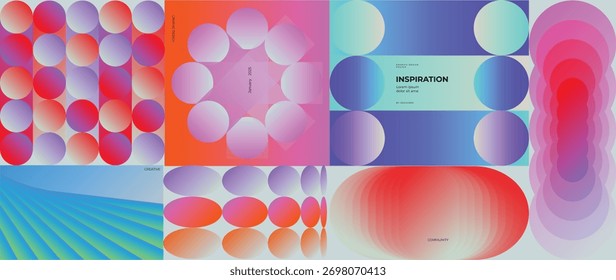 Abstract gradient geometric poster vector set with circles, waves, layered arches and optical shapes. Designed for modern posters, backgrounds, web banners, product packaging and digital design.