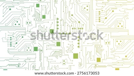 Abstract gradient green circuit board technology connected lines electronics elements computer motherboard chip processor semiconductor digital on white background vector