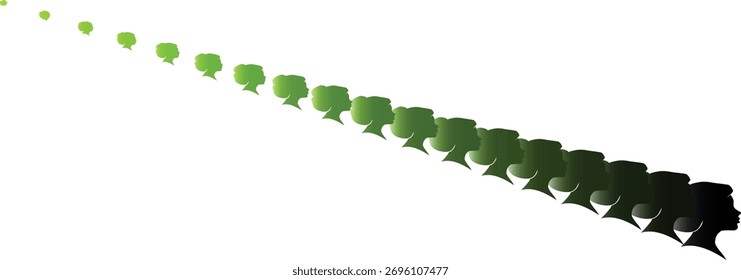 Abstract gradient of green leaves forming a diagonal flowing shape on white