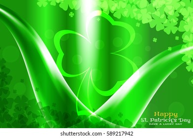 Abstract gradient green vector background for Happy Saint Patrick's Day with leaves of clover pattern, glowing waves and silhouette.