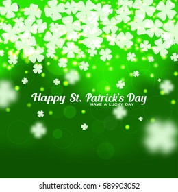 Abstract gradient green vector background to Happy St. Patrick's Day with leaves of clover  silhouettes and glow.