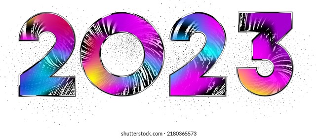 Abstract gradient halftone 2023 number design. 2023 Happy New Year greeting card. Christmas celebration. Typography minimal trendy poster, banner or logo text design.
