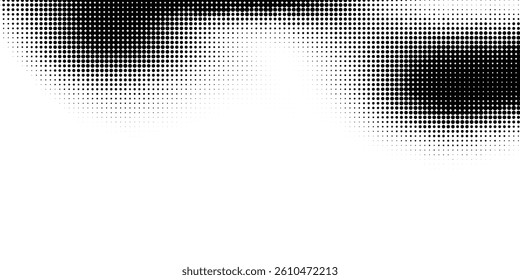 Abstract gradient halftone background. Black and white fluid halftone pixelated backdrop. Grit dots texture. Halfton dots overlay for posters, cover, presentation