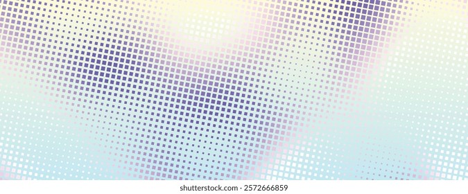 Abstract gradient with halftone dots. Soft pastel colors blend in a grid pattern. Dots create a retro vibe. Halftone dots add texture and depth. Halftone cool background, vector.