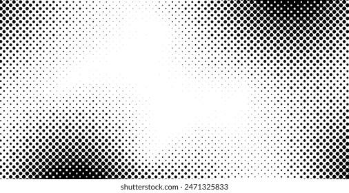 Abstract gradient halftone wave dotted textured pattern. Black grunge speckle on white background overlay. Retro comic pop art backdrop with halftone dots design