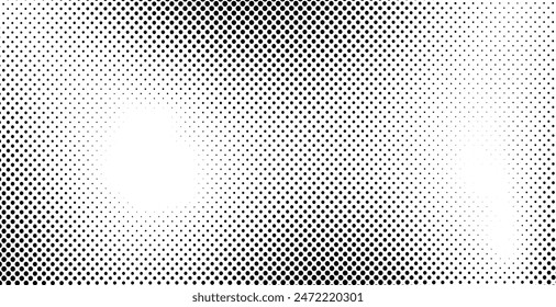 Abstract gradient halftone wave dotted textured pattern. Black grunge speckle on white background overlay. Retro comic pop art backdrop with halftone dots design