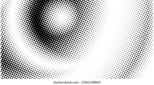 Abstract gradient halftone wave pattern with a dotted texture, featuring black grunge speckles on a white background, reminiscent of retro comic pop art template