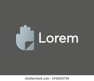 Abstract gradient hand, palm with paper folded corner logo design template. Universal creative gesture, no, stop vector icon sign symbol logotype.