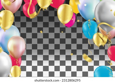 abstract gradient Happy birthday to you with balloon, cake and confetti vector design template